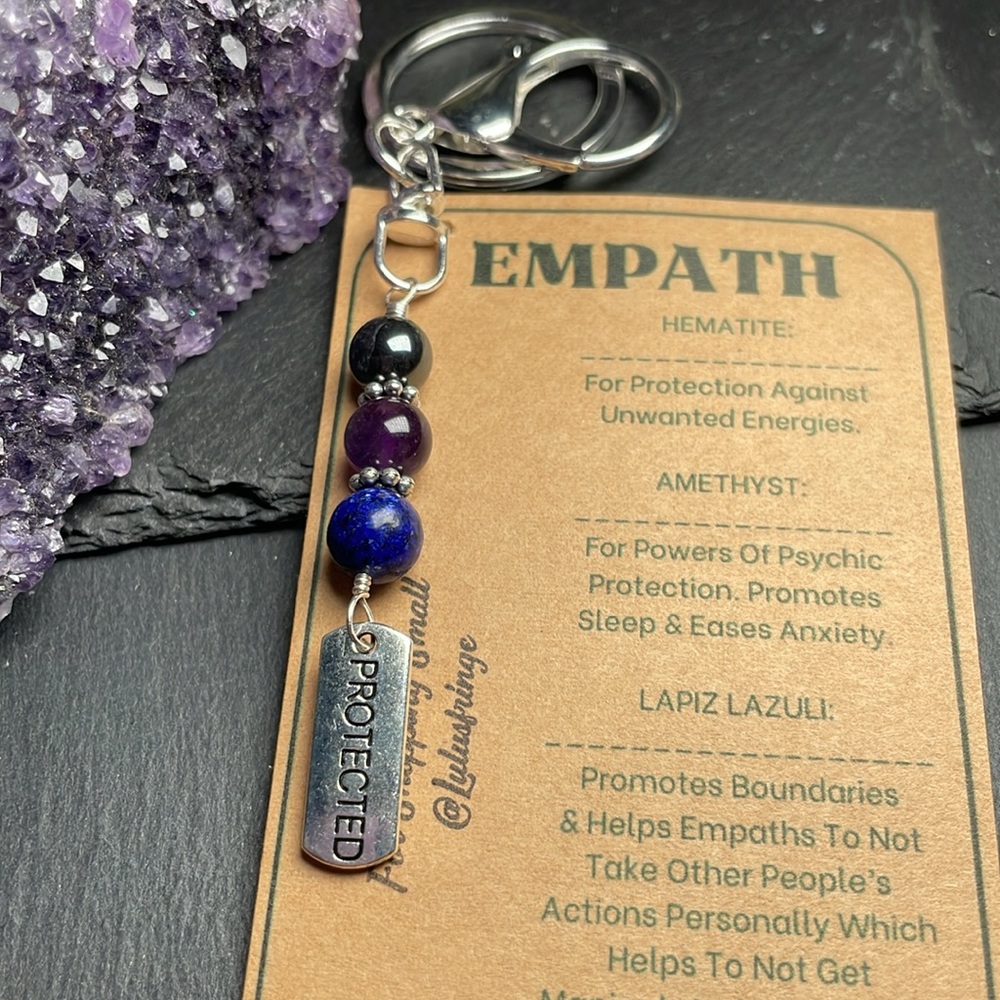 Hand Crafted Empath Protection Keychain with Purple Amethyst, Lapis Lazuli - Picture 2 of 7